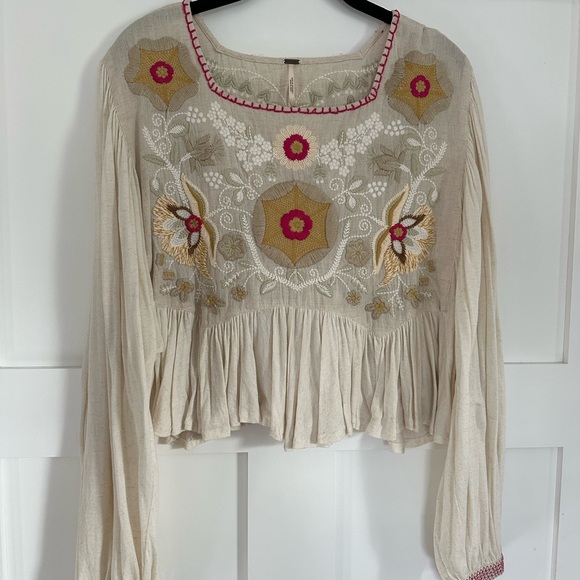 Free People Tops - Free People Cream Peasant Blouse with Pink & Gold Embroidery